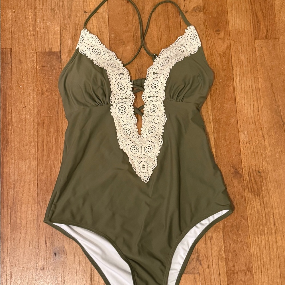 Olive Green Lace Trim Kids One Piece